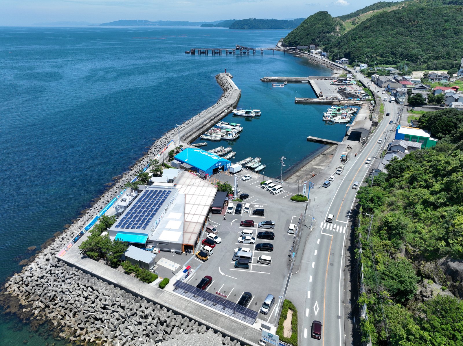 海から見たさかな市と漁港